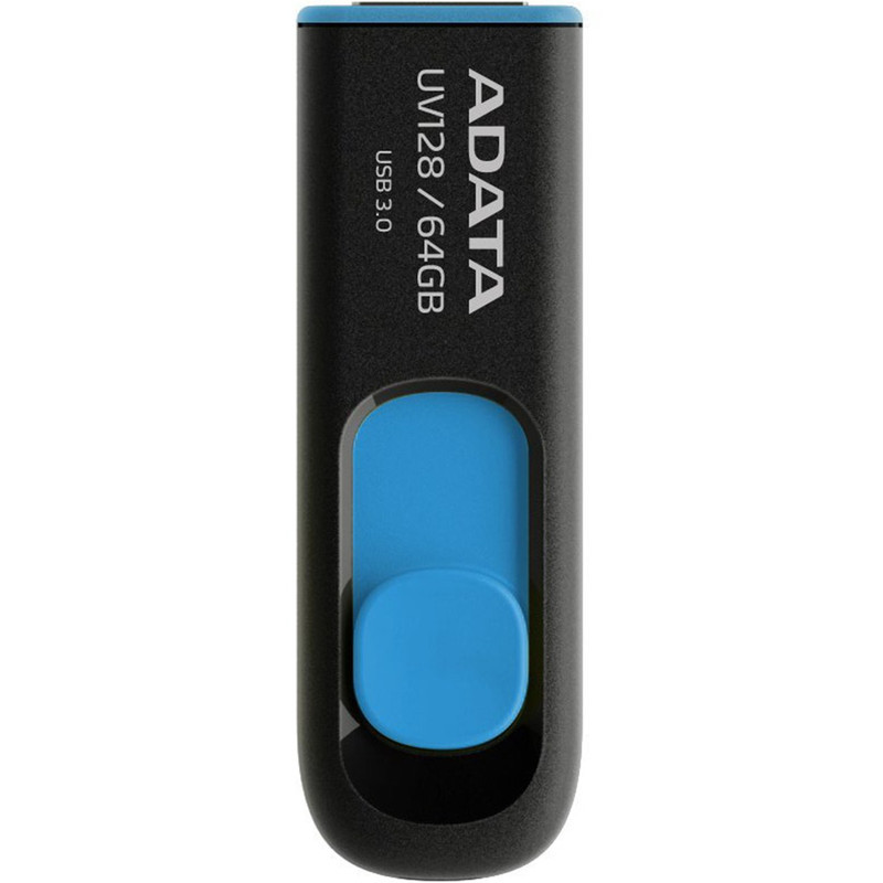 فلش مموری کشویی ای‌دیتا مدل DashDrive UV128 ظرفیت 64GB، رابط USB 3.0 با سرعت خواندن 90 و نوشتن 40MBs، طراحی ضد خش و ضد گرد و خاک، قابلیت اتصال بند حمل
