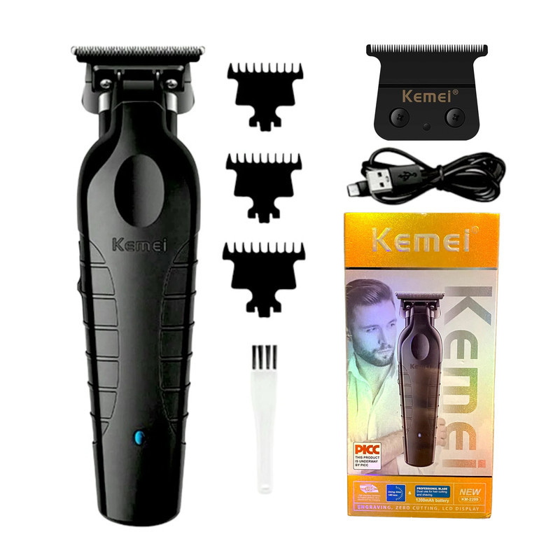 ماشین اصلاح مو سر و صورت کیمی مدل km-2299 شارژی با تیغه استیل پیشرفته، قابلیت صفر زن و خط زن، شارژ سریع 180 دقیقه و طراحی ارگونومیک به همراه تیغه یدک و محافظ تیغه