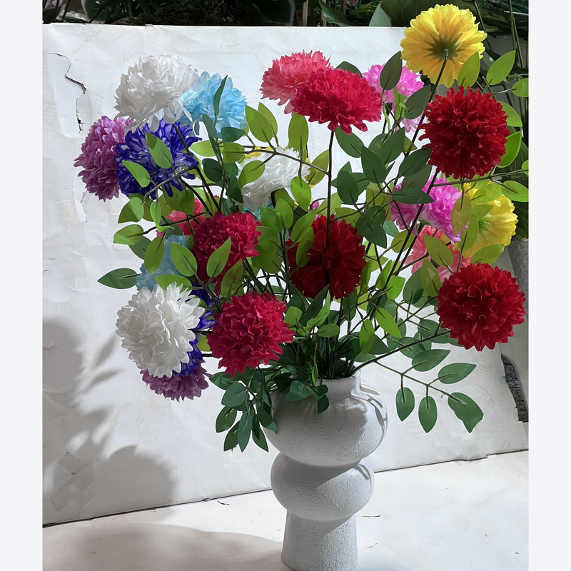 گل مصنوعی مدل بوته داوودی سه گل و برگ مجموعه 3 عددی