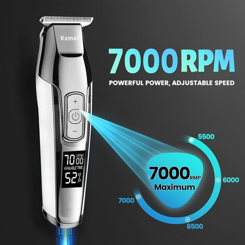 ماشین اصلاح موی سر و صورت کیمی مدل KM-5027 Professional با تیغه تیتانیوم پیشرفته، باتری لیتیوم یون 1400 میلی‌آمپر، شارژ تایپ‌سی، طراحی ارگونومیک و قابلیت استفاده خشک و مرطوب