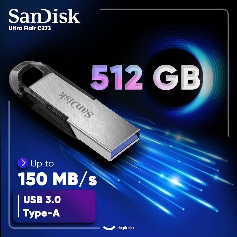 فلش مموری سن دیسک مدل Ultra Flair CZ73 ظرفیت 512 گیگابایت با بدنه فلزی، رابط USB 3.0 و سرعت خواندن 150 مگابایت بر ثانیه، سازگار با ویندوز، مک، گوشی، تبلت و تلویزیون