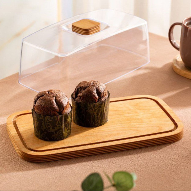 کیک‌خوری چوبی مدل کف چوبی CC02 با درب اکرلیک شفاف، مقاوم در برابر رطوبت، مناسب سرو انواع کیک و شیرینی، طراحی زیبا و قابلیت شست‌وشو با دست و ماشین ظرفشویی