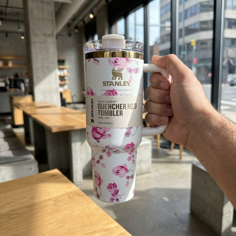 تراول ماگ  مدل دسته دار گل دار کد QUENCHER H20 TUMBLER گنجایش 1.180 لیتر