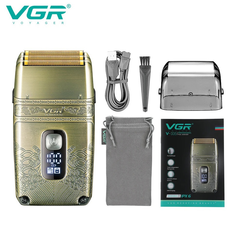 ماشین اصلاح موی صورت وی جی ار مدل V-335 با موتور 4500 دور در دقیقه، 3 تیغه فویلی، باتری 700 میلی‌آمپر ساعت، نمایشگر شارژ، طراحی ارگونومیک و مقاوم در برابر آب با قابلیت استفاده زیر دوش و شارژ USB