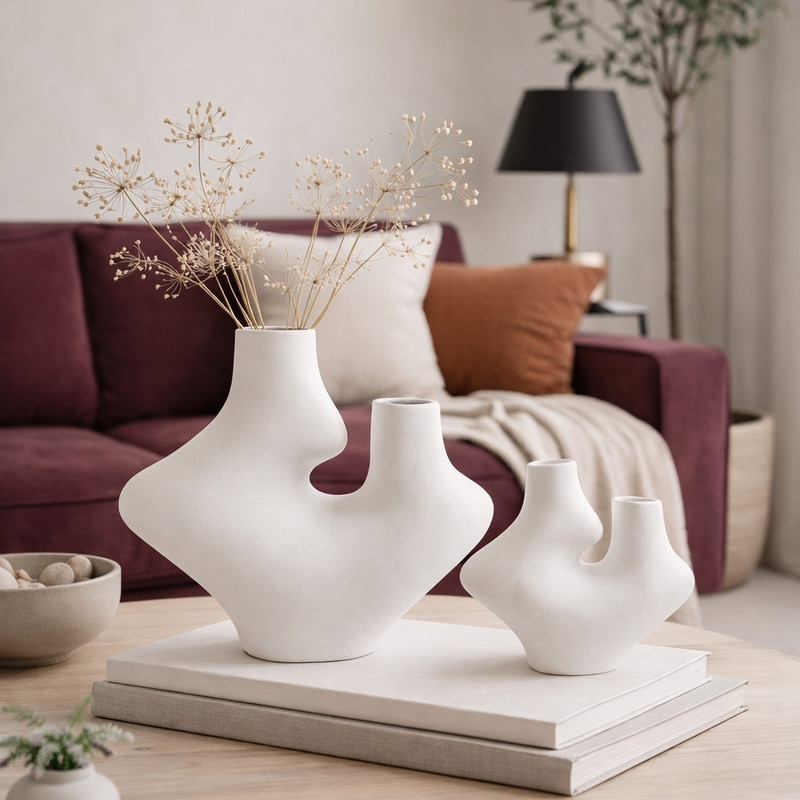 گلدان دکوری سفالی مدل Dual Curve 2 عددی، مناسب گل‌های آپارتمانی، رومیزی و ایستاده، رنگ‌آمیزی اکریلیک، ابعاد 22×22×20 سانتی‌متر، وزن 1000 گرم