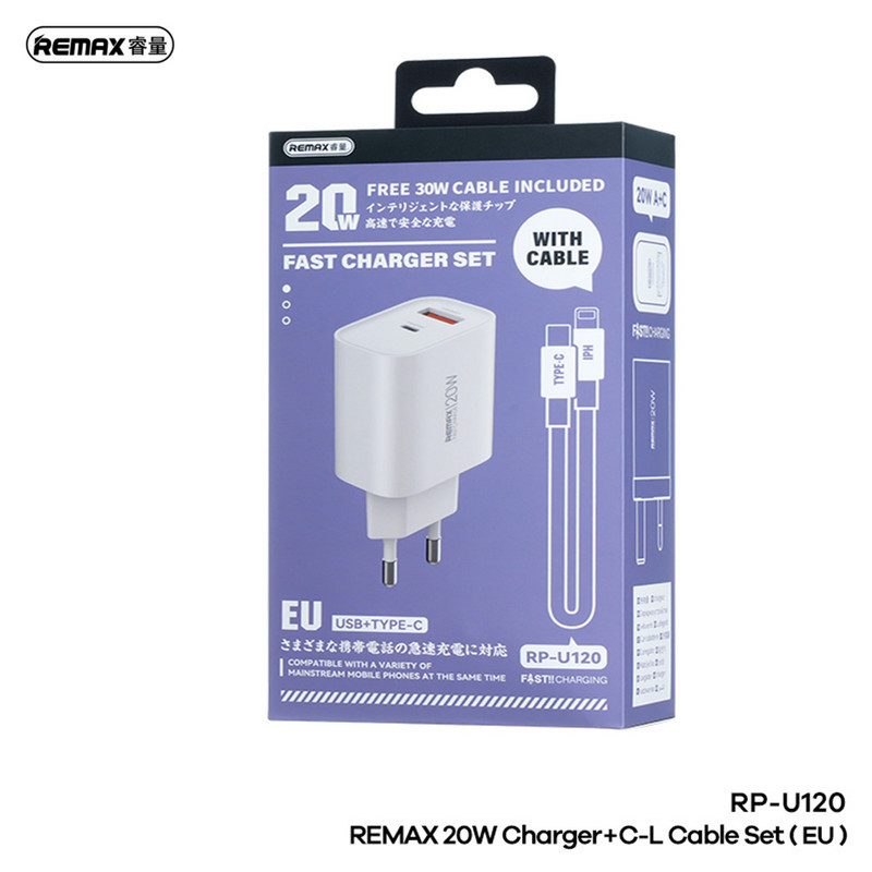 شارژر دیواری 20 وات ریمکس مدل RP-U120 EU به همراه کابل لایتنینگ