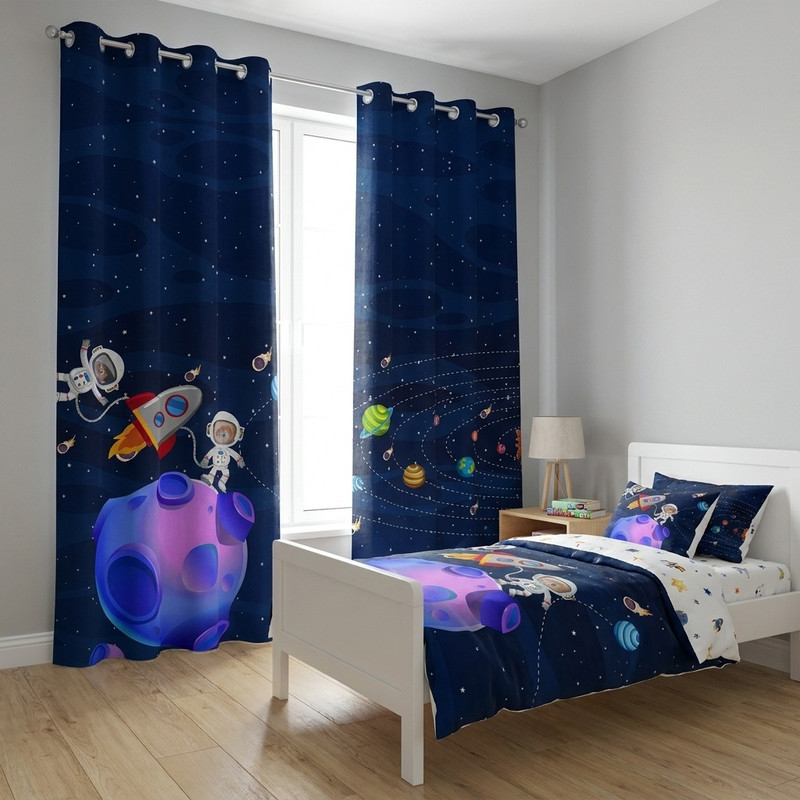پرده مدل اتاق کودک طرح پسرانه فضانورد سایز 140x280 سانتی متر