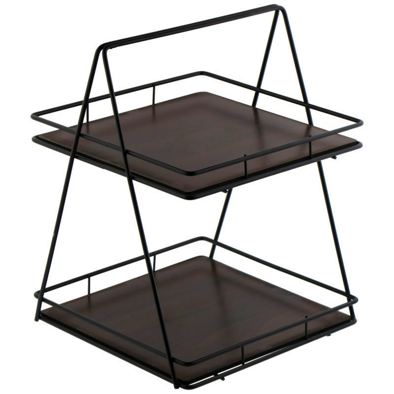 استند پذیرایی دو طبقه MDF و فلز مدل دو طبقه کف چوبی با طراحی مربع و وزن 615 گرم، مناسب سرو و پذیرایی با استحکام بالا و امکان استفاده در فضای داخلی