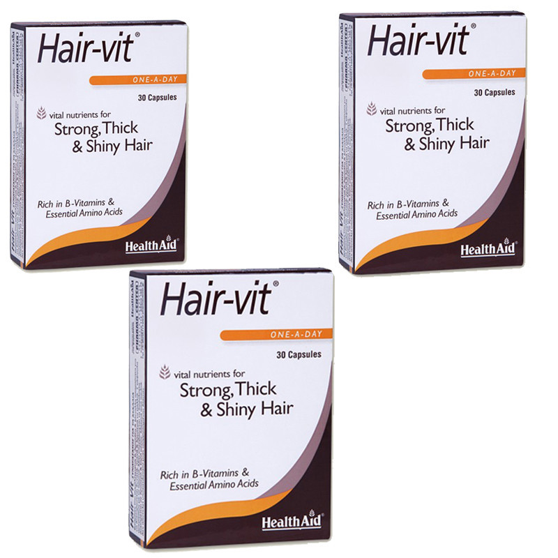 قرص تقویت مو هلث اید مدل Hair-vit بسته سه‌تایی 30 عددی، حاوی ویتامین‌های گروه B و آمینواسیدهای ضروری برای استحکام، ضخامت و درخشندگی مو، مناسب بزرگسالان و افراد بالای 16 سال