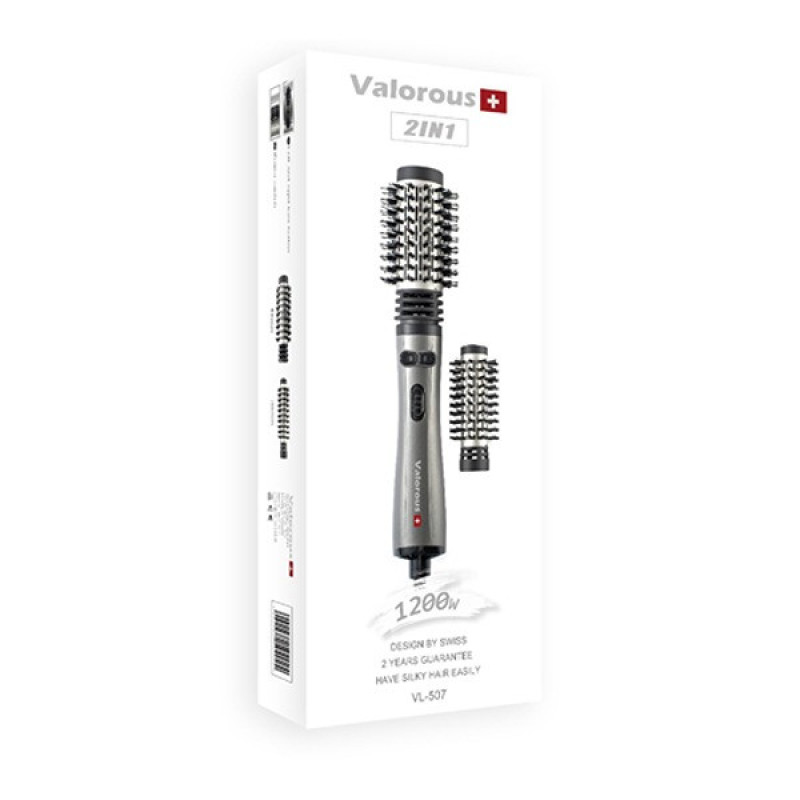 سشوار برس‌دار چرخشی 1200 وات والوروس مدل VL-507، موتور AC، وزن 950 گرم، المنت سرامیک، دارای سری برس‌دار گرد باریک، سری برس‌دار گرد پهن با ویژگی فرکنندگی، صاف‌کنندگی، حجم‌دهندگی، با قابلیت تنظیم دما