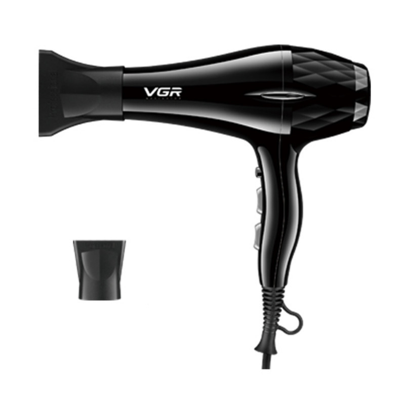 سشوار حرفه‌ای 2200 وات وی جی ار مدل V-413، موتور AC، وزن 802 گرم، المنت سرامیک تورمالین، دارای سری متمرکز‌کننده باریک، متمرکز‌کننده پهن با ویژگی صاف‌کنندگی، حجم‌دهندگی، با قابلیت باد سرد