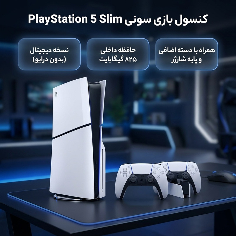 کنسول بازی سونی مدل PlayStation 5 Slim Digital Edition ظرفیت 825 گیگابایت ریجن CFI-2116 اروپا  به همراه دسته اضافی و پایه شارژر