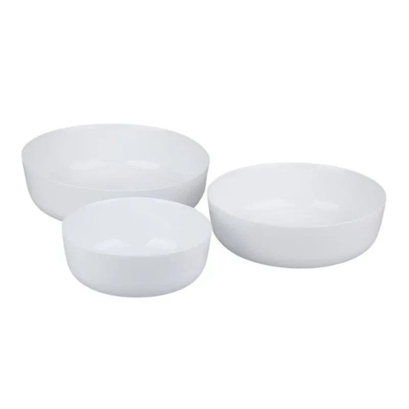 ظرف سرو دینو مدل آون مجموعه 3 عددی تابه گرد آرکوپال مناسب مایکروویو و ماشین ظرفشویی برای آجیل‌خوری، میوه‌خوری و دسرخوری با ابعاد تابه بزرگ 24.5×24.5×7 سانتی‌متر، تابه متوسط 21.5×21.5×7 سانتی‌متر و تابه کوچک 17.5×17.5×7 سانتی‌متر