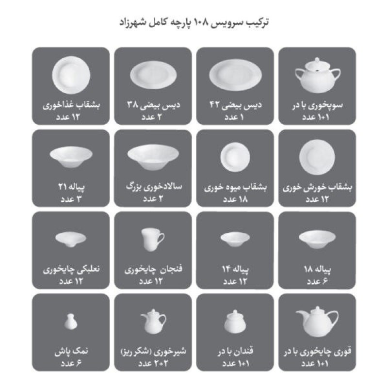 سرویس غذاخوری 108 پارچه چینی زرین ایران مدل سپینود درجه عالی