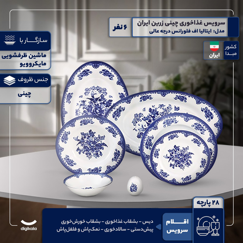سرویس غذاخوری 28 پارچه 6 نفر چینی زرین ایران مدل ایتالیا اف فلورانس درجه عالی