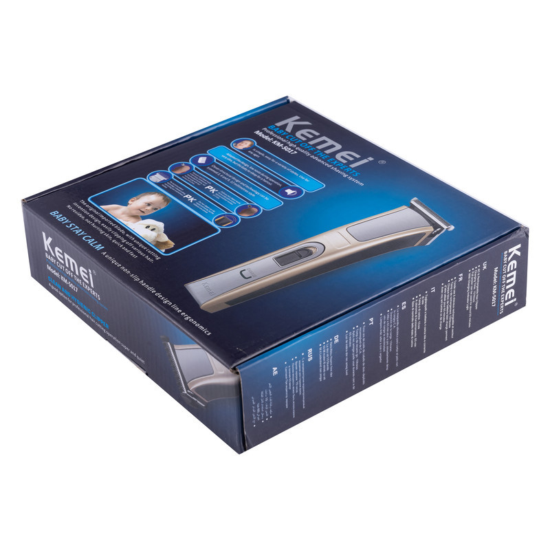ماشین اصلاح سر و صورت کیمی مدل KM-5017 با تیغه استیل ضد زنگ، 4 شانه قابل تنظیم، طراحی ارگونومیک، باتری 600 میلی‌آمپر ساعت با شارژ USB و قابلیت شست‌وشو