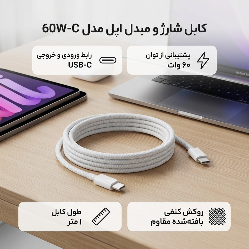 کابل USB-C اپل مدل 60W-C طول 1 متر