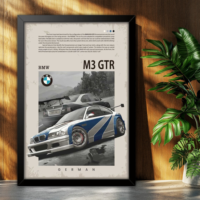 تابلو بکلیت طرح ماشین و خودرو بی ام و BMW M3 GTR NEED FOR SPEED MOST WANTED مدل B-po1877 فریم مشکی
