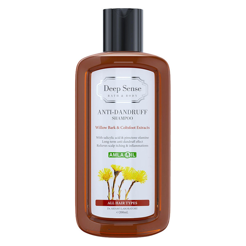شامپو ضدشوره دیپ سنس مخصوص انواع مو، حجم 200 میلی‌لیتر مدل Willow Bark و Coltsfoot، حاوی اسید سالیسیلیک و پیروکتون اولامین، ضد خارش با عصاره آملا، بید و فارفارا