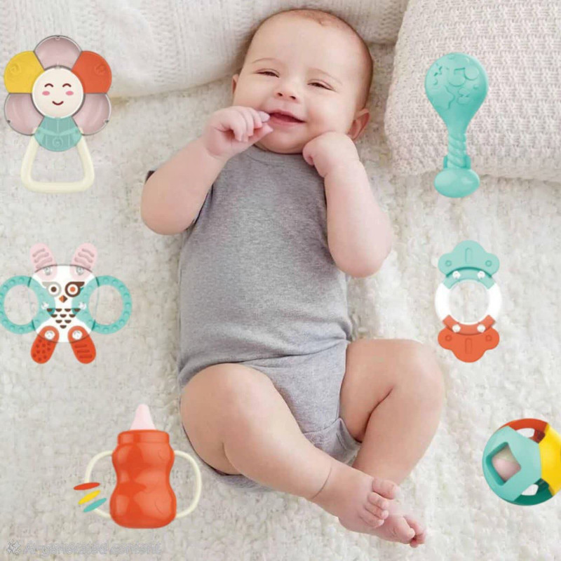 جغجغه و دندان گیر ناب سل مدل هانگر مجموعه 8 عددی کد HANGER HAPPY WORLD