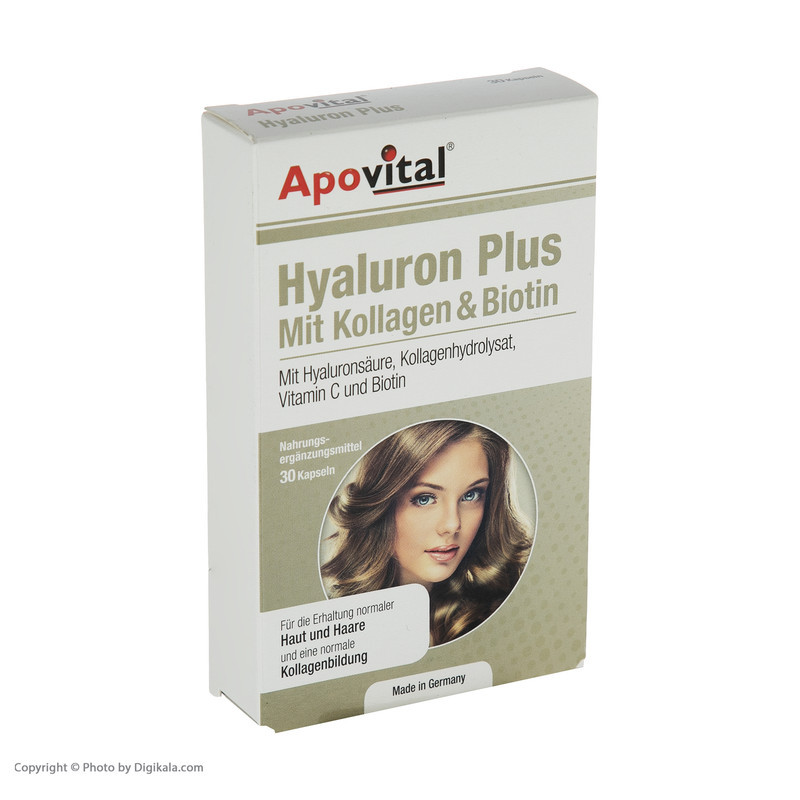 کپسول مکمل تقویت پوست، مو و ناخن آپوویتال مدل Hyaluron Plus بسته 30 عددی، حاوی هیالورونیک اسید، کلاژن هیدرولیز شده، ویتامین C و بیوتین، کمک به کنترل ریزش مو، افزایش رطوبت و کاهش چین و چروک پوست، تقویت سیستم ایمنی بدن