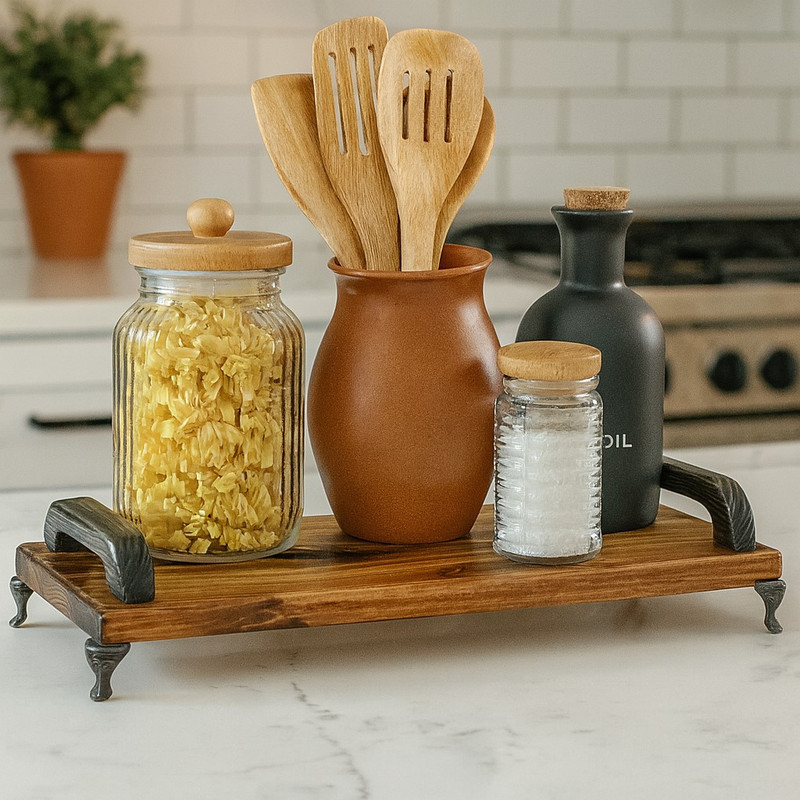 سینی سرو چوب روس طرح دسته‌دار با پایه فلزی کلاسیک و روکش دو دست جلا، مستطیلی 50×14×4 سانتی‌متر، وزن 600 گرم