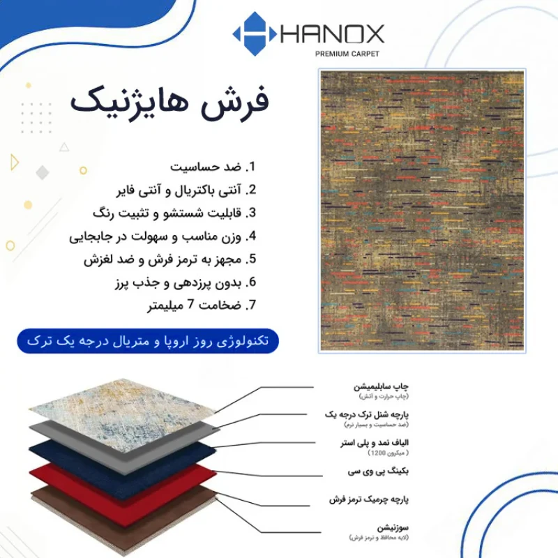 فرش ماشینی 1000 شانه هانوکس زمینه کرم - قهوه‌ای حاشیه چند رنگ مدل مینیمال کد HANM.0022.2