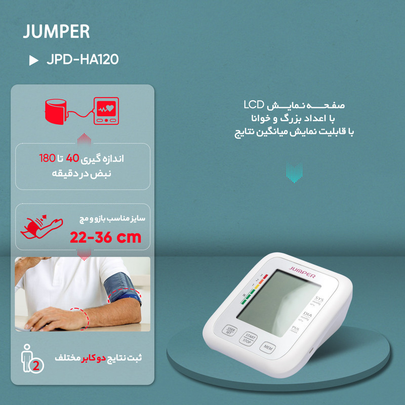فشارسنج بازویی دیجیتال جامپر مدل JPD-HA120 با قابلیت اتصال بلوتوث، حافظه ذخیره بیش از 99 رکورد، دو پروفایل کاربر، نمایش میانگین نتایج و آریتمی، منبع تغذیه برق و باتری قلمی، تاییدیه FDA و CE