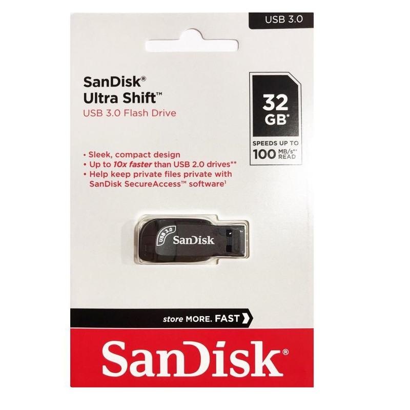 فلش مموری سن دیسک مدل ULTRA SHIFT CZ410 ظرفیت 32 گیگابایت، رابط USB 3.1 با سرعت خواندن 100 مگابایت بر ثانیه، مناسب ضبط خودرو و تلویزیون، دارای نرم‌افزار امنیتی SanDisk SecureAccess و بازیابی فایل RESCUEPRO DELUXE