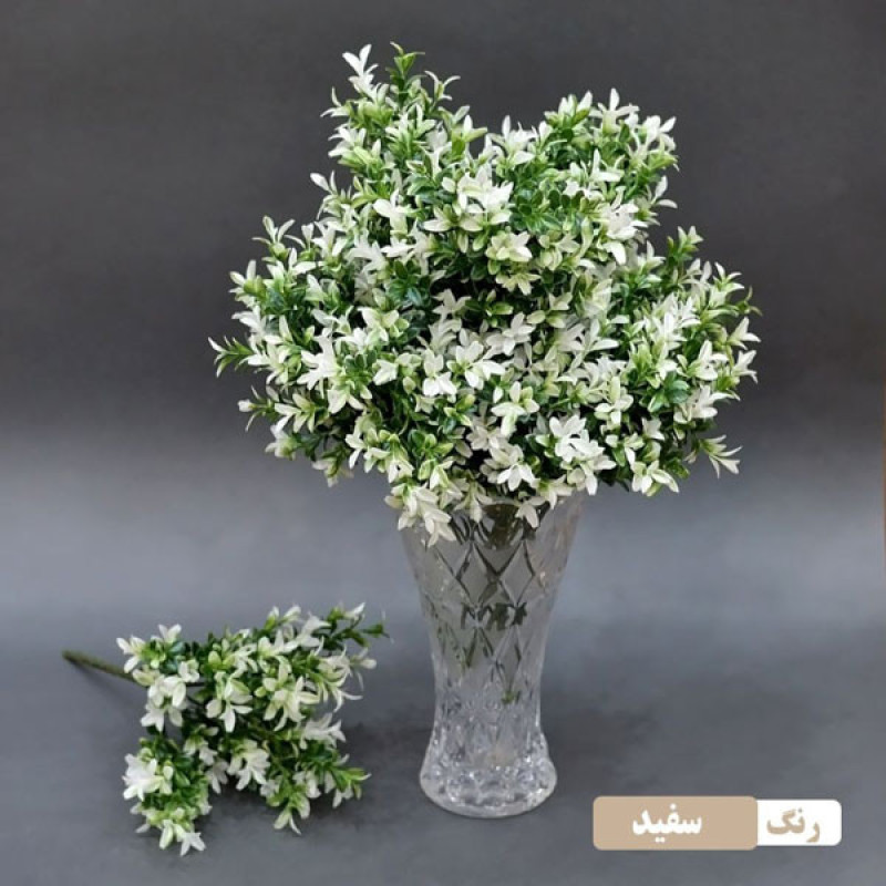 گل مصنوعی بوته اناری پلاستیکی با 6 شاخه پر برگ، ابعاد 15×15×34 سانتی‌متر و وزن 50 گرم