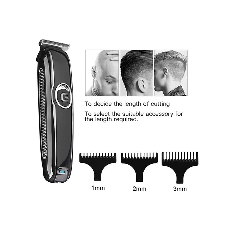 ماشین اصلاح موی سر و صورت جیمی مدل GM-6050 با تیغه استیل ضد زنگ، اصلاح برش مستقیم با دقت 0.1 میلی‌متر، قابلیت صفرزن، خط زن و حجم زن، باتری با 70 دقیقه زمان استفاده و نمایشگر وضعیت شارژ و سه شانه اصلاح 1، 2 و 3 میلی‌متری