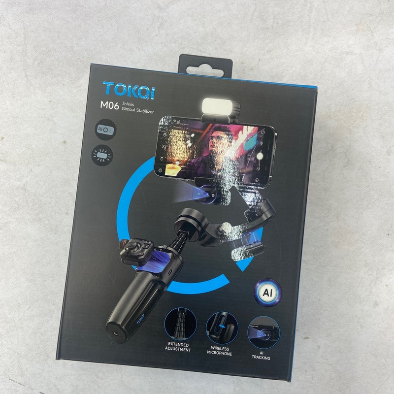 گیمبال و استابیلایزر هوشمند توکی مدل M06 AI 3-Axis به همراه دوربین دنبال کننده و میکروفون و فلش