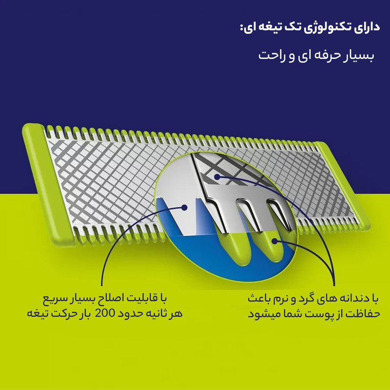 ماشین اصلاح موی صورت و بدن فیلیپس مدل OneBlade QP2724 با تیغه کربن استیل، قابلیت استفاده خشک و مرطوب، شارژ با کابل USB و اصلاح دقیق تا 0.2 میلی‌متر