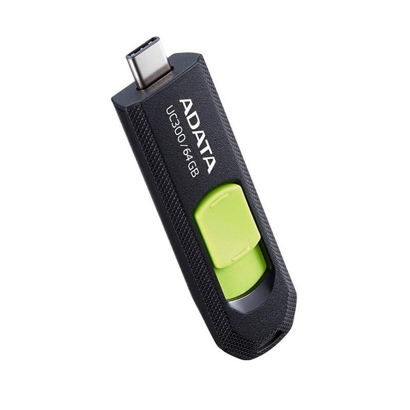 فلش مموری کشویی ای دیتا مدل UC300 ظرفیت 64 گیگابایت با رابط USB Type-C و استاندارد USB 3.2 Gen 1، سرعت انتقال داده تا 5 گیگابایت بر ثانیه، سازگار با لپ‌تاپ، گوشی، تبلت و تلویزیون، بدون نیاز به نصب درایور