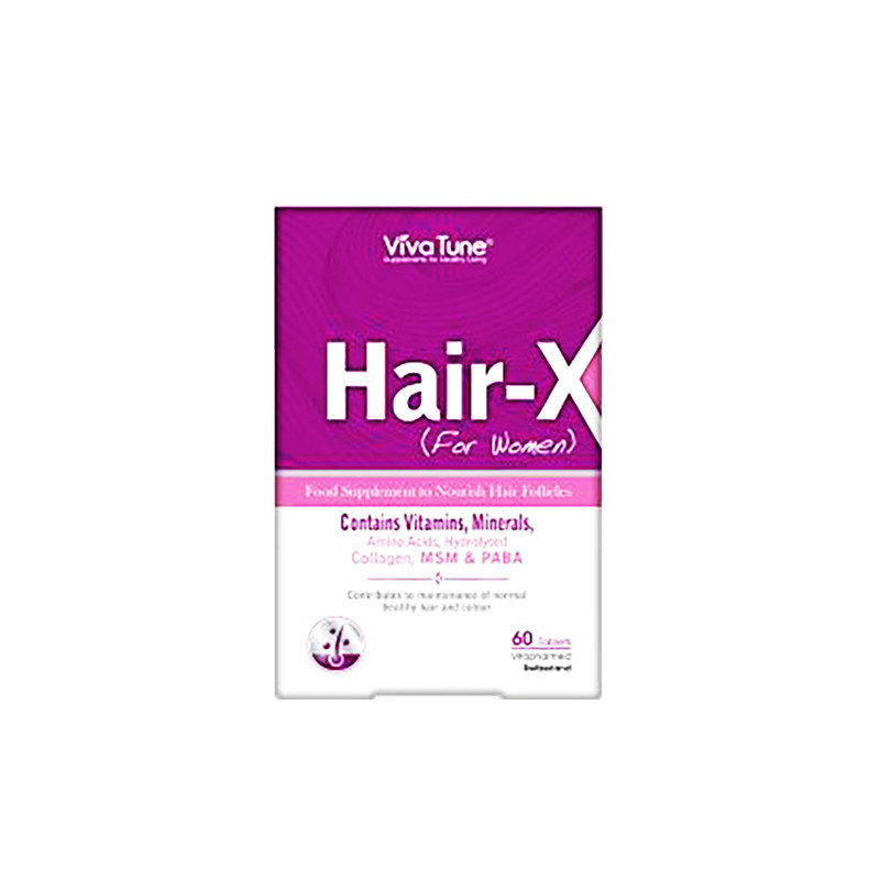 مکمل غذایی تغذیه فولیکول مو ویوا تون مدل Hair-X حاوی ویتامین‌ها، مواد معدنی، آمینو اسید، کلاژن هیدرولیز شده، MSM و PABA بسته 60 عددی