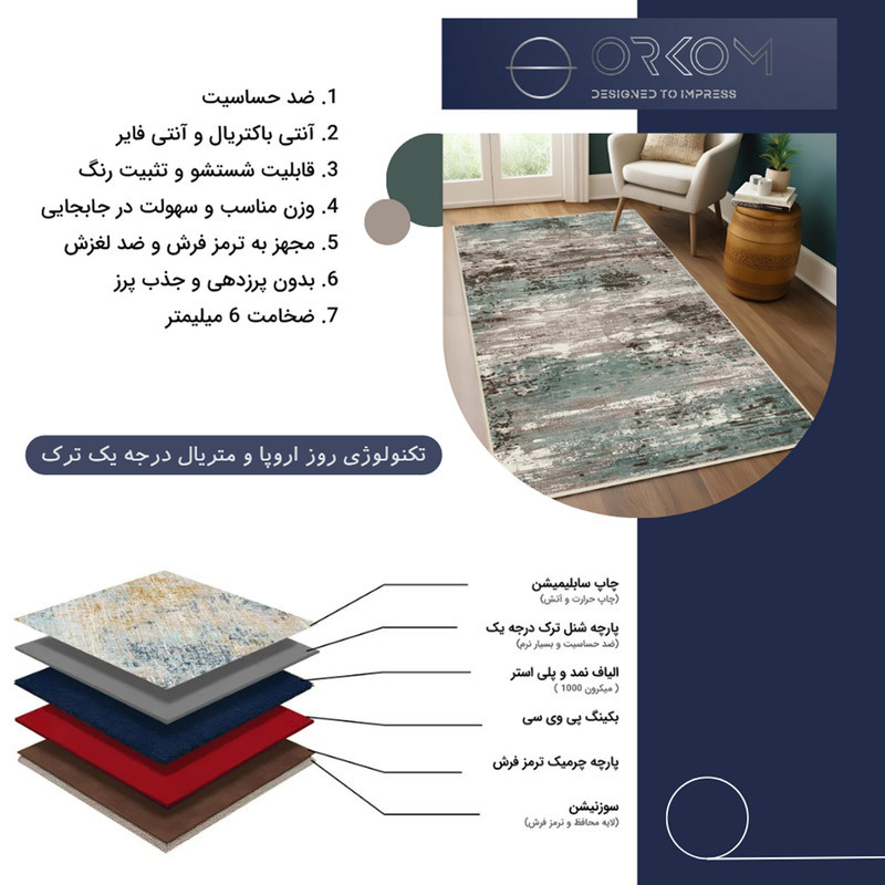 فرش ماشینی 1000 شانه زمینه کرم حاشیه سبز اورکوم مدل نانو چاپ بدون پرز طرح مینیمال دلنو کد OR.1122.06