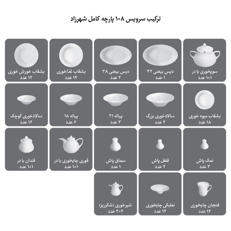 سرویس غذاخوری 108 پارچه چینی زرین ایران مدل شهرزاد آناهید درجه عالی
