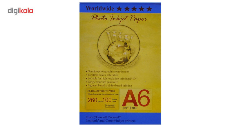 کاغذ عکس ورلدواید مدل Glossy سایز A6 بسته 100 عددی