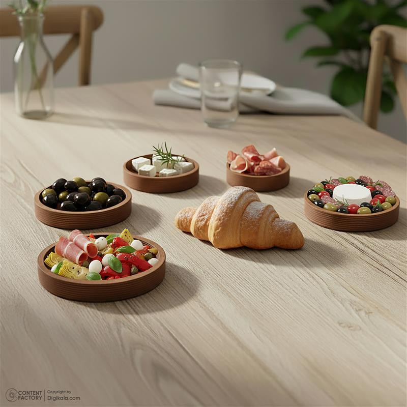 سینی سرو چوبی دایره‌ای مجموعه 5 عددی، مناسب پذیرایی و اردوخوری، سایز 12 تا 28 سانتی‌متر، ارتفاع 3.5 سانتی‌متر، بدون امکان شستشو