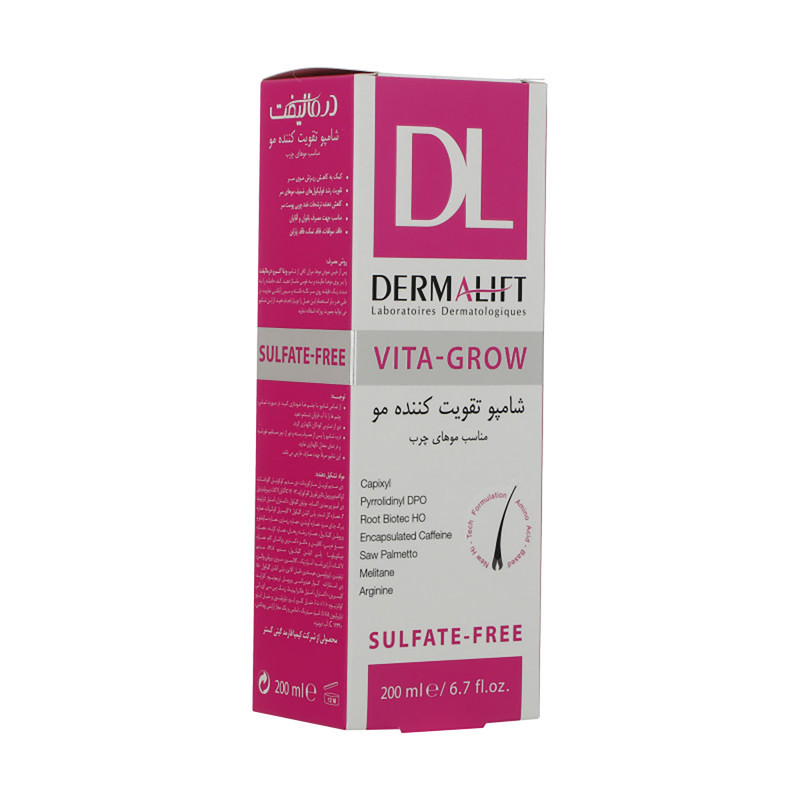 شامپو تقویت‌کننده و ضد ریزش مو درمالیفت مخصوص موهای چرب، حجم 200 میلی‌لیتر مدل Vita-Grow، بدون سولفات و پارابن، میزان‌سازی چربی مو و پوست سر، بسته 2 عددی