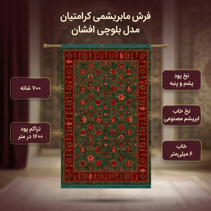 فرش ماشینی 700 شانه فرش ابریشمی کرامتیان زمینه قرمز حاشیه لاکی مدل بلوچی افشان 5108B