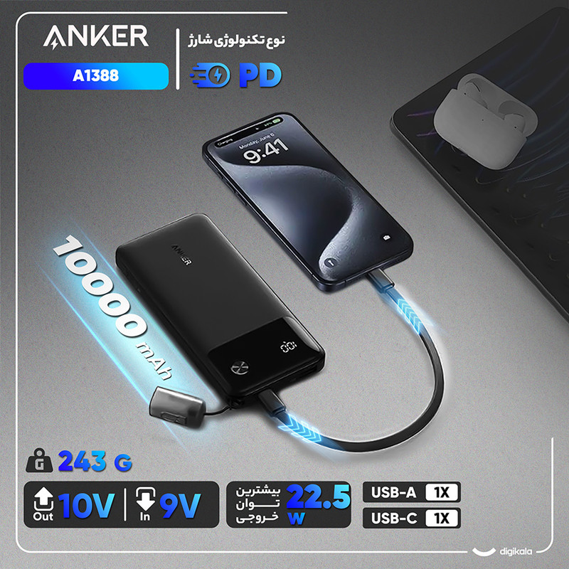 پاوربانک 22.5 وات انکر مدل A1388 ظرفیت 10000 میلی آمپر ساعت