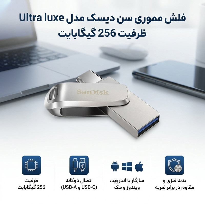 فلش مموری 256 گیگابایت سن دیسک مدل Ultra luxe با طراحی تاشو و OTG، مقاوم در برابر ضربه، سازگار با اندروید، ویندوز و مک