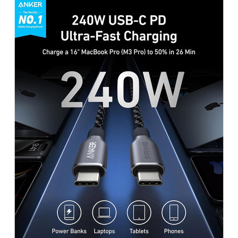 کابل تبدیل USB-C انکر مدل A88E2 طول 0.9 متر با توان 240 وات