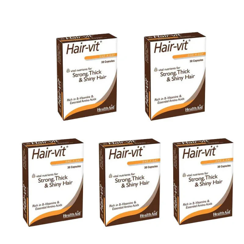 کپسول تقویت‌کننده مو هلث اید مدل هیرویت بسته 5 عددی با ویتامین‌های گروه B و آمینو اسیدهای ضروری، مصرف روزانه و افزایش استحکام، ضخامت و درخشندگی مو