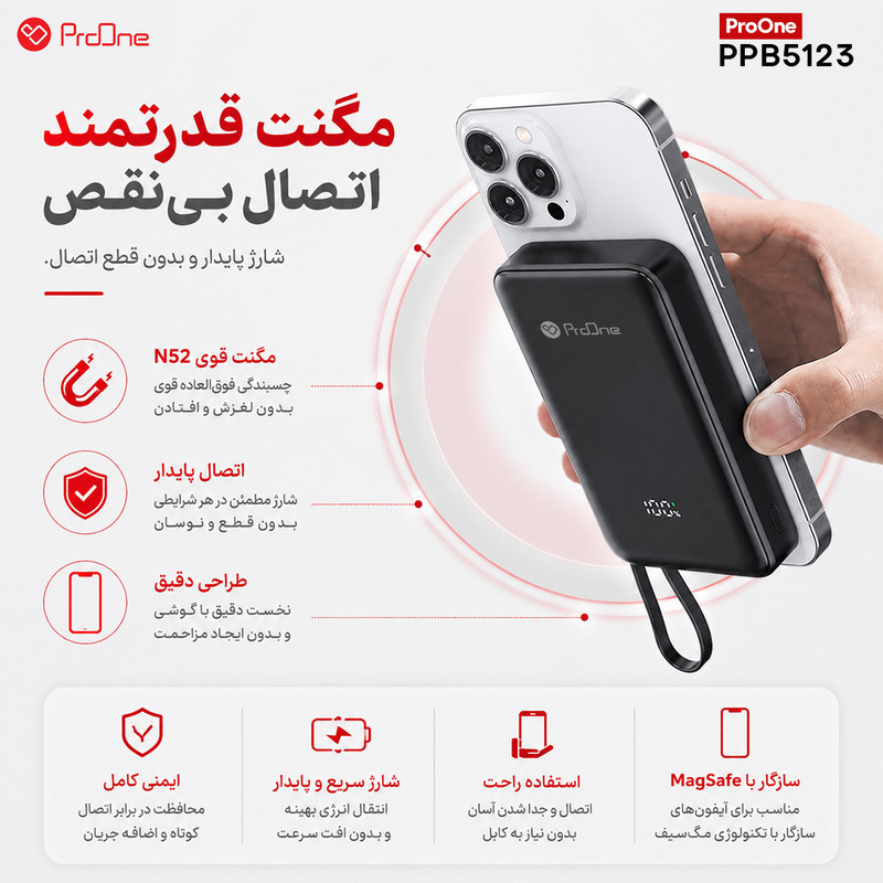پاوربانک بی‌سیم 22.5 وات پرووان مدل POWER CORE PPB5123 ظرفیت 10000 میلی‌آمپرساعت