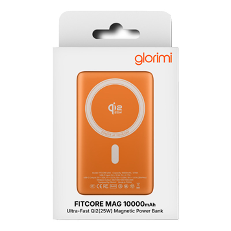 پاوربانک بی‌سیم 25 وات گلوریمی مدل Fitcore Mag ظرفیت 10000 میلی‌آمپرساعت به همراه کابل تبدیل USB-C