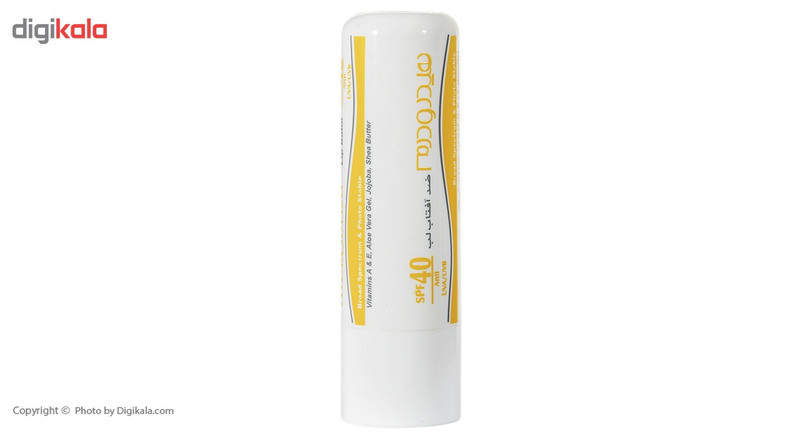 بالم لب هیدرودرم مدل SPF40 مرطوب‌کننده و ضدآفتاب با عصاره آلوئه‌ورا و شی‌باتر، مقاوم در برابر آب و تعریق، مناسب پوست خشک، جامد ماتیکی، وزن 4.5 گرم