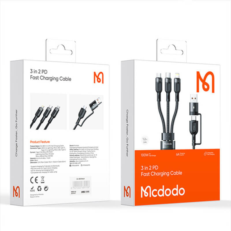 کابل تبدیل USB-C به لایتنینگUSB-CMicroUSB مک دودو مدل CA-880 6A طول 1.2 متر