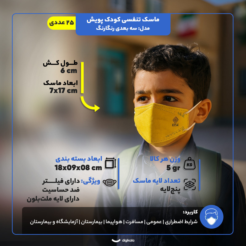 ماسک تنفسی کودک پویش مدل سه بعدی رنگارنگ پنج لایه بسته 25 عددی